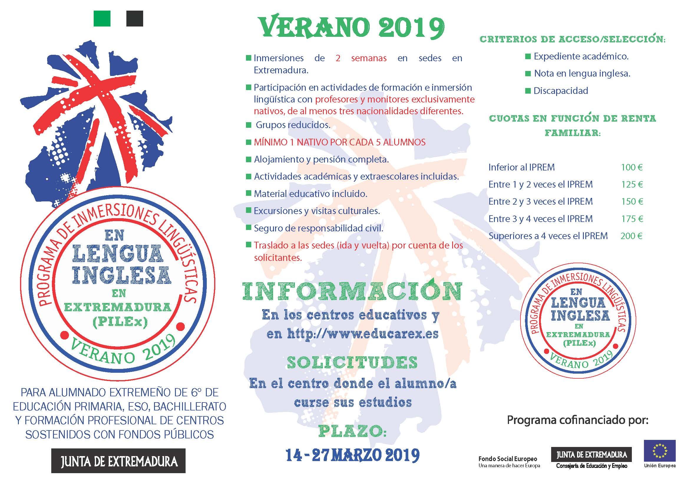 Triptico Programa inmersiones linguisticas alumnado extremeño PILEx verano 2019